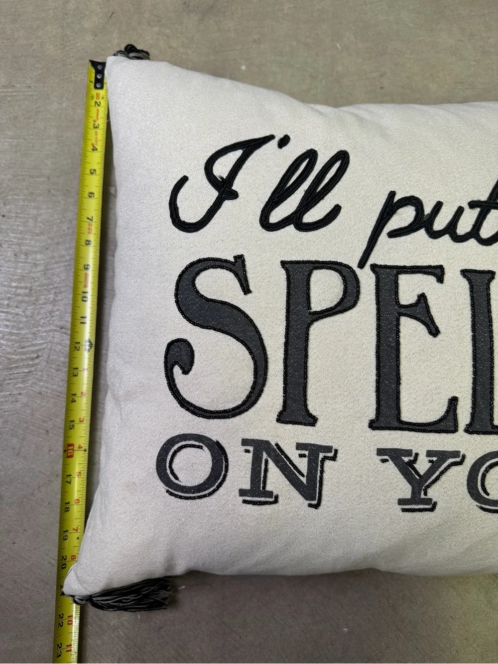 Halloween I’ll Put a Spell on You Square Beige Pillow 20” Cotton Feather Tassels